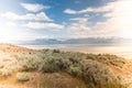 Beautiful wide angle landscape view of salt flats inside of UtahÃ¢â¬â¢s Antelope Island State Park on Great Salt Lake Royalty Free Stock Photo